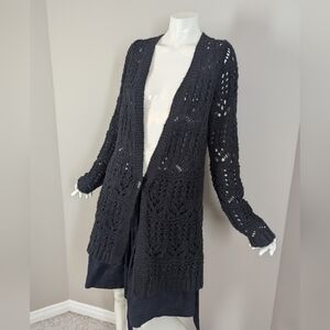 Cozy Open Knit Cardigan Black Chunky Sweater Boho Layering Small